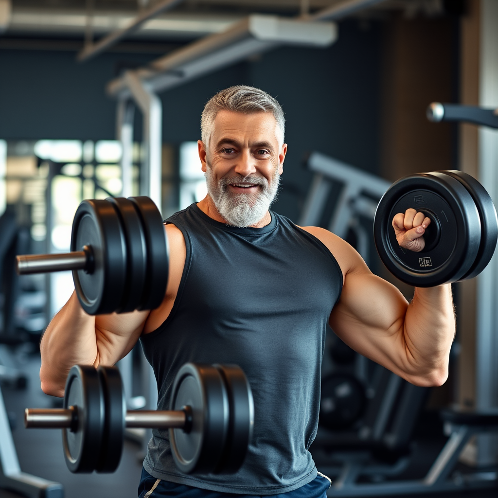 Homem maduro treinando com pesos em uma academia moderna, demonstrando força e vitalidade masculina através do exercício